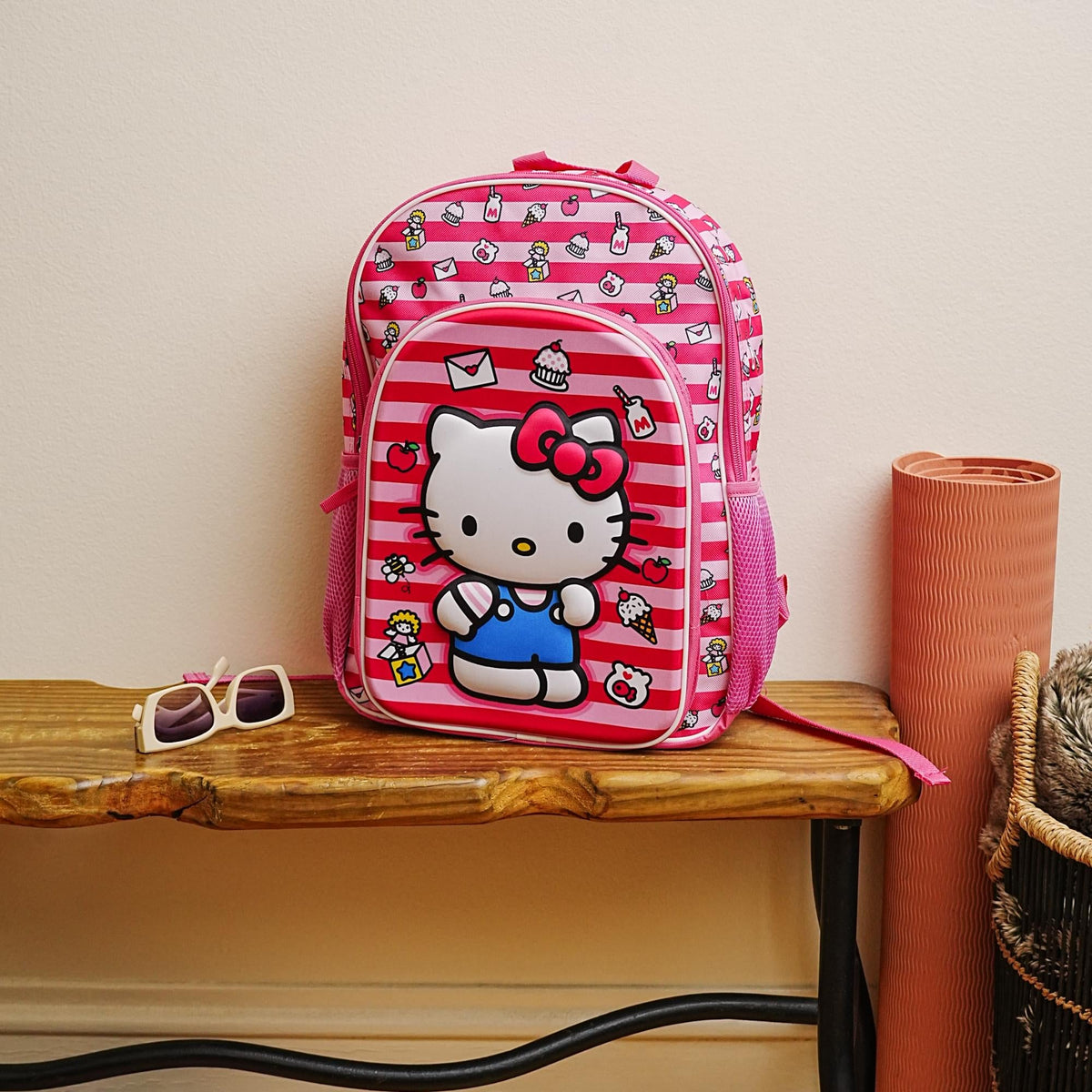Sanrio Hello Kitty Pink Striped 16 Inch Backpack with Front Pocket