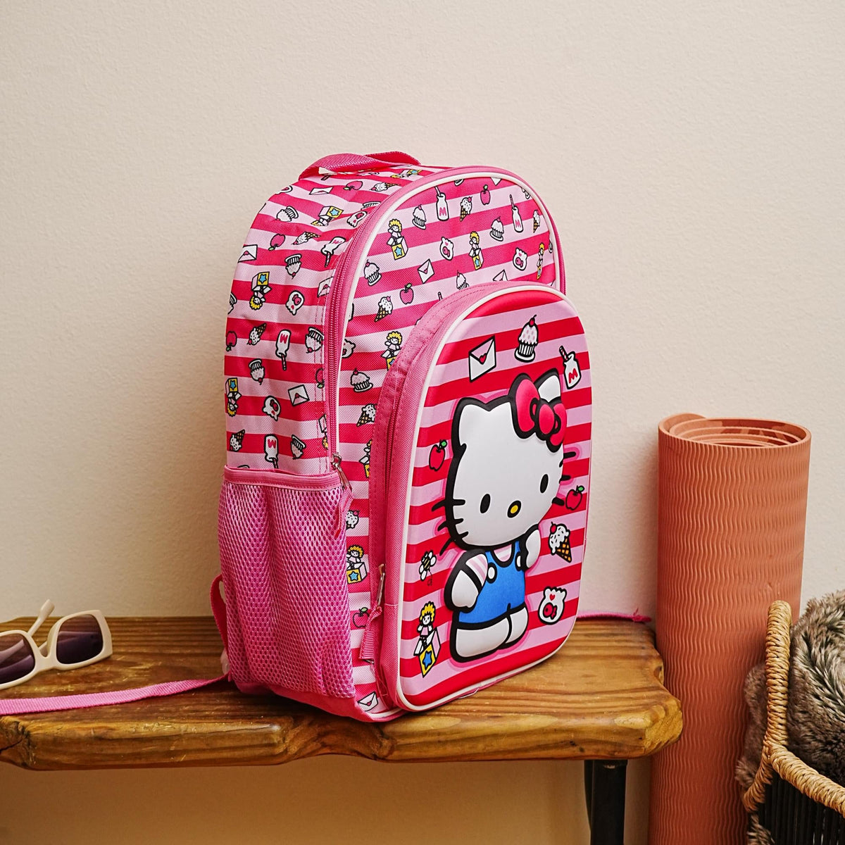Sanrio Hello Kitty Pink Striped 16 Inch Backpack with Front Pocket